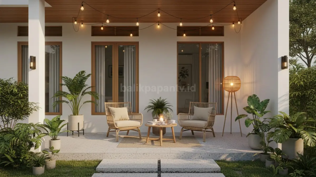 Teras rumah minimalis dengan kursi rotan, tanaman hijau, dan lampu hangat untuk suasana santai sore yang estetik (BTV/Ai)