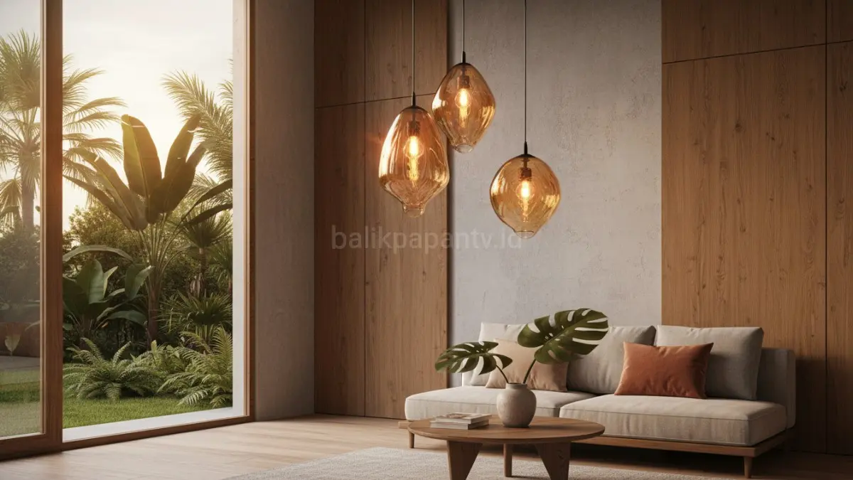 Tren lampu kaca artistik 2026 menghadirkan pencahayaan hangat yang memperkuat suasana emosional rumah modern.(BTV/AI) 