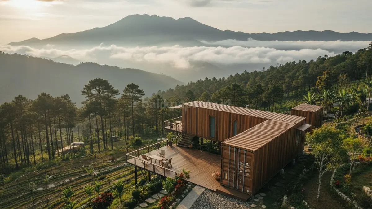 Vila kontainer berlapis kayu ulin menghadirkan suasana hangat ala cabin Jepang dan Skandinavia modern.