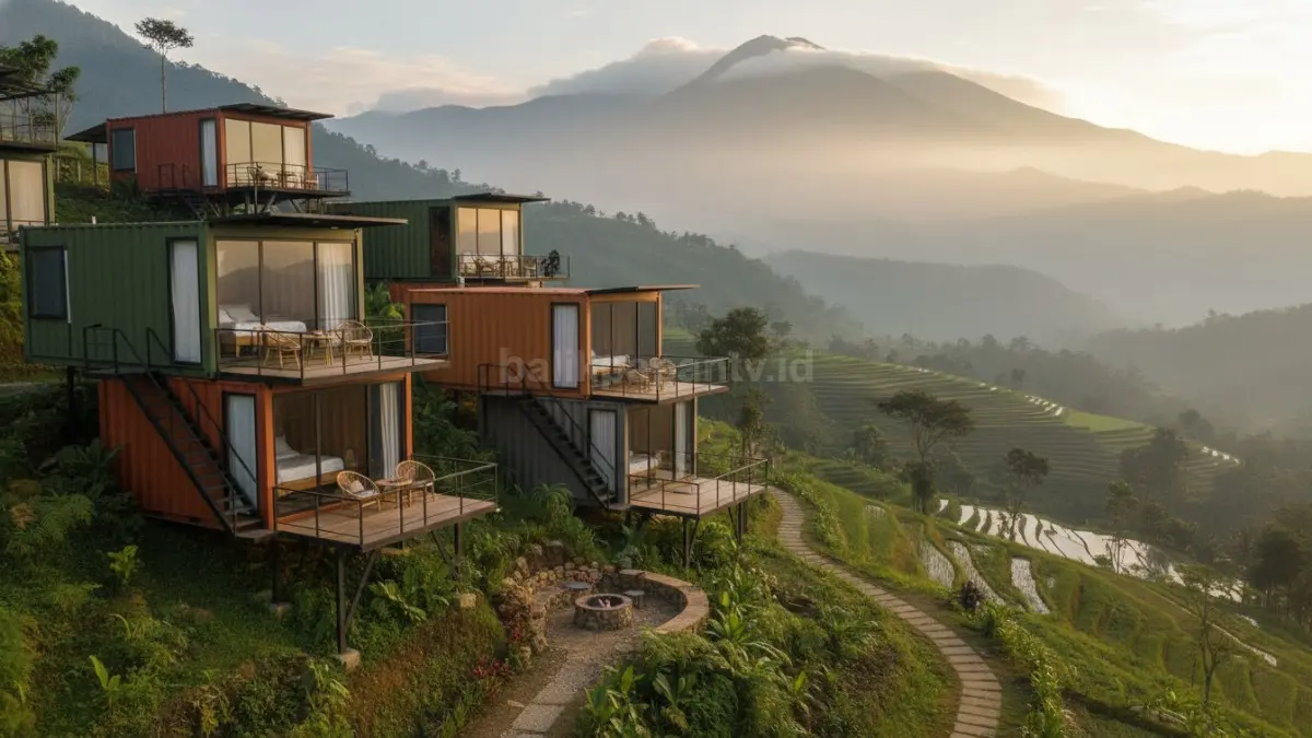 Vila kontainer dua tingkat modern, cocok untuk wisata pegunungan berlahan miring.