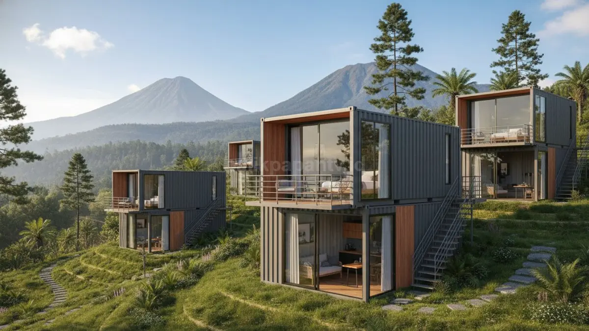 Vila kontainer dua tingkat modern dengan tangga besi, cocok untuk wisata pegunungan hemat lahan miring.