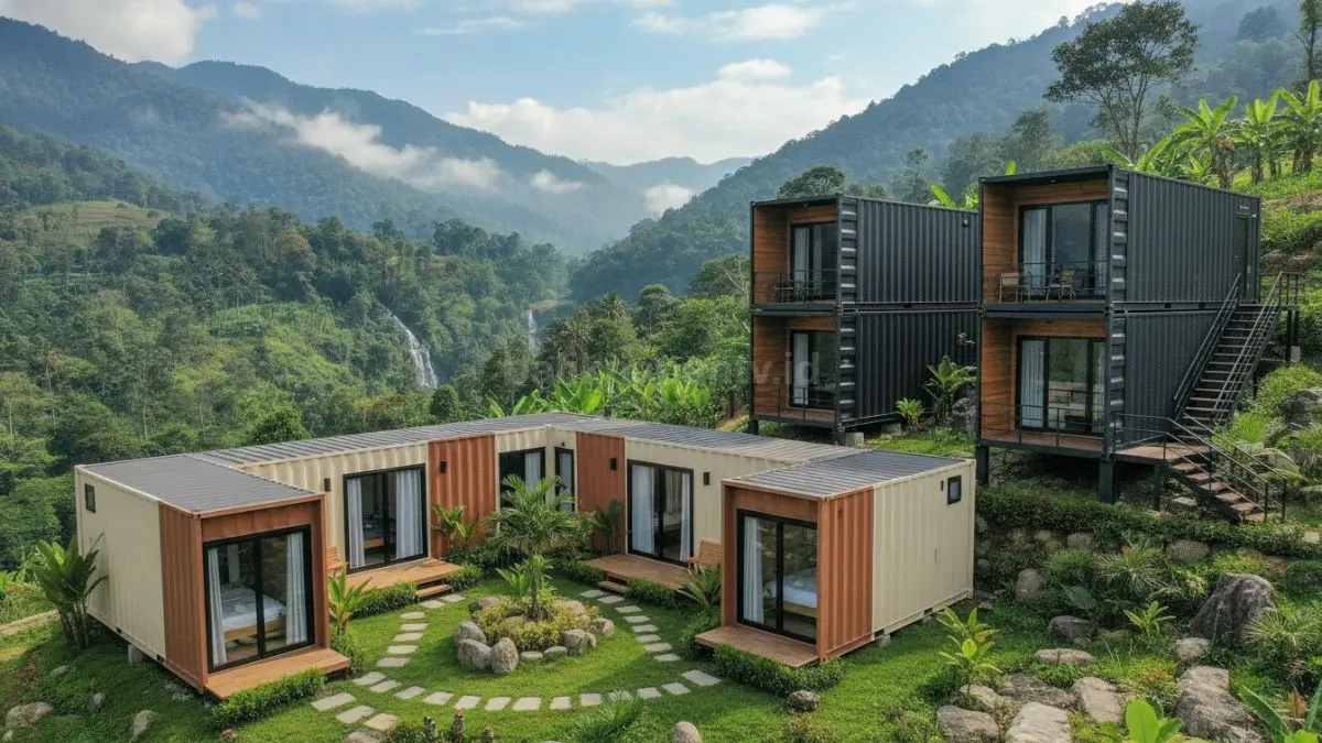 Vila kontainer modular berbentuk U dengan taman tengah, nyaman bagi keluarga besar dan komunitas kecil.