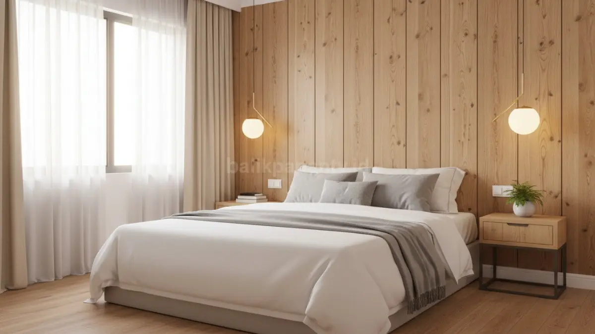 Wall panel PVC motif kayu terang membuat kamar tidur minimalis terasa hangat dan modern