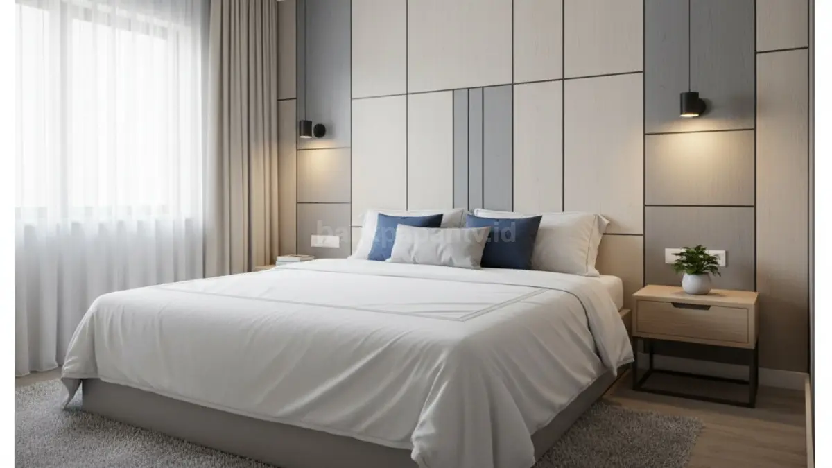 Wall panel PVC motif kayu terang menghadirkan suasana kamar minimalis lebih hangat, modern, nyaman, dan estetik.