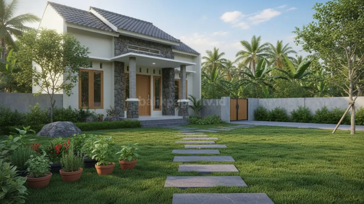 Jalur batu alam berpadu rumput Jepang menciptakan halaman rapi, resapan air baik, tetap alami dan sejuk.