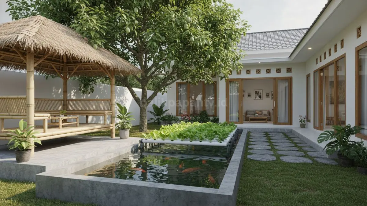 Kolam aquaponik minimalis dekat gazebo bambu, halaman teduh pohon mangga, suasana desa asri produktif keluarga.