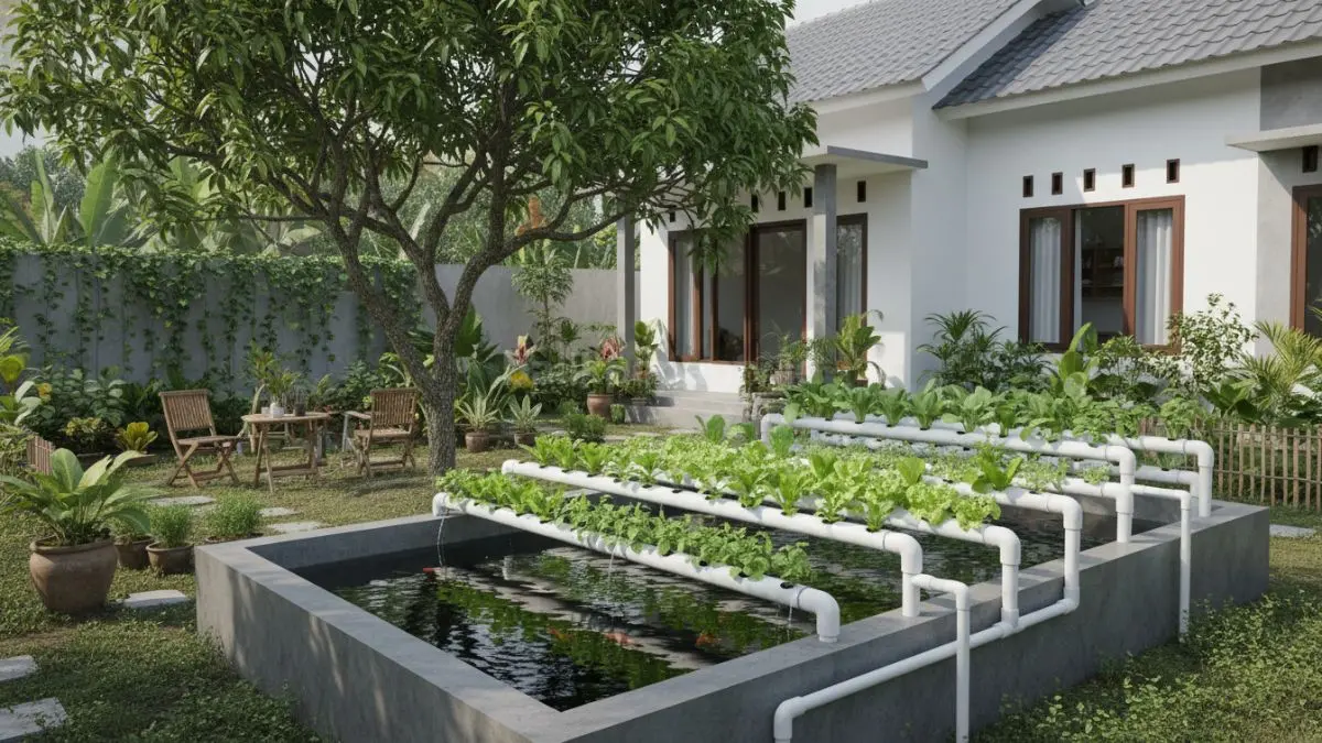 Kolam aquaponik rumah pedesaan menghadirkan pangan mandiri, suasana alami, hemat lahan, sekaligus halaman lebih produktif.
