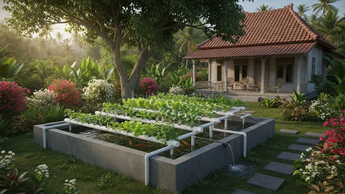 Kolam beton permanen dipadukan rak paralon bertingkat, cocok budidaya sayuran segar tahan lama rumah desa.