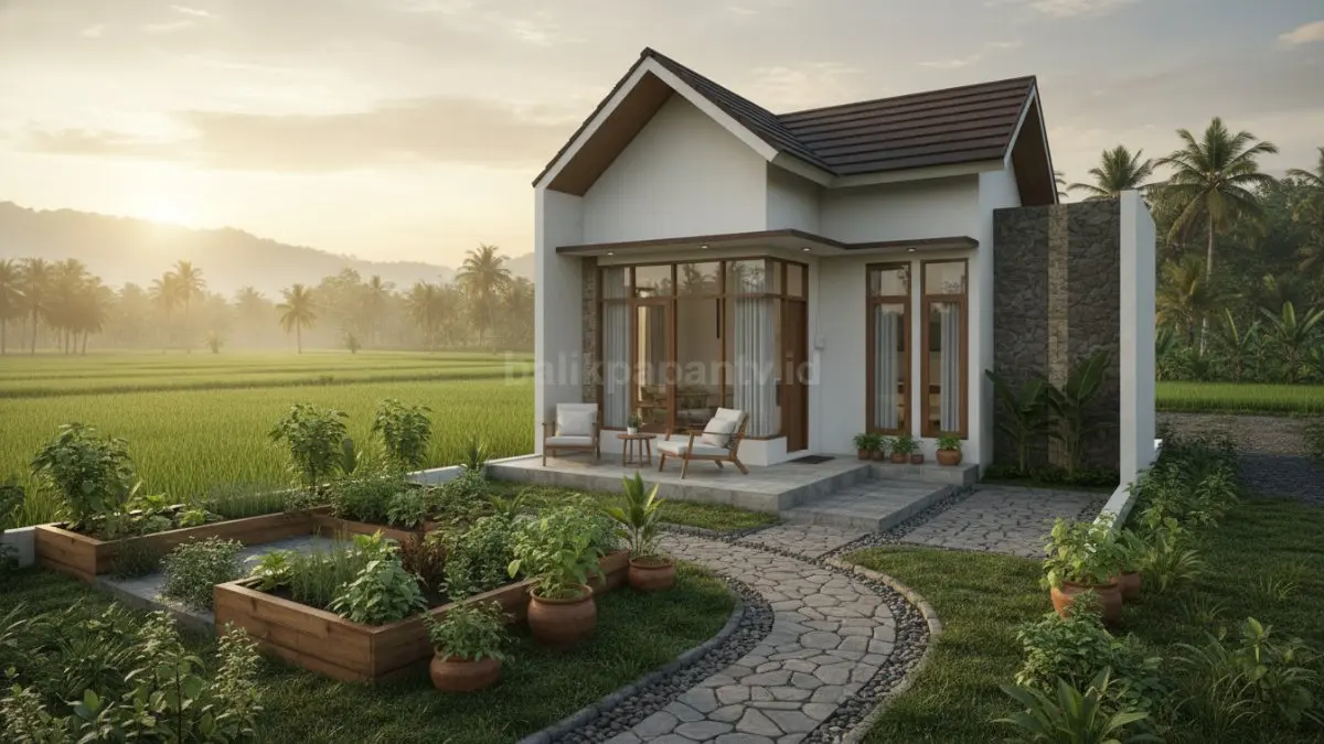 Rumah desa modern dengan teras batu alam dan kebun herbal mini yang adem untuk santai sore