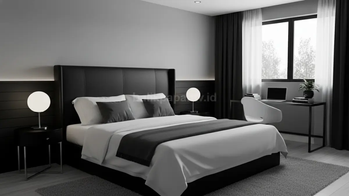 Headboard hitam berpadu sprei putih polos, menciptakan kamar modern bersih dengan nuansa elegan dan tenang minimalis.