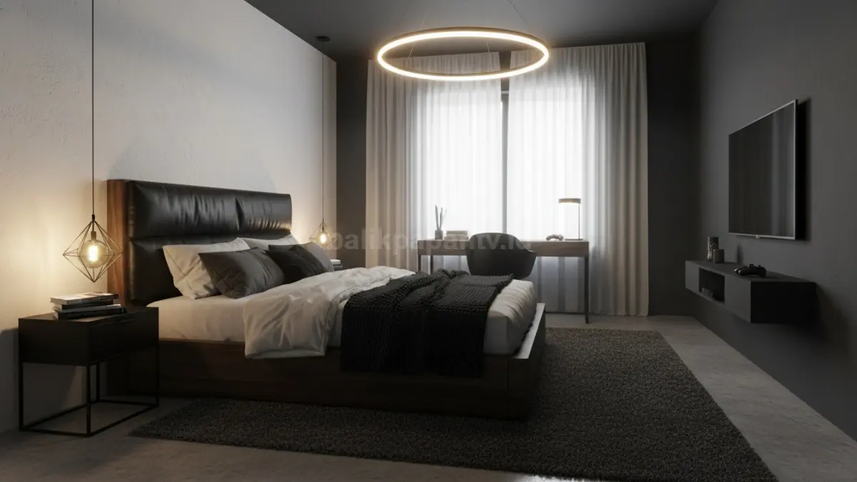 Headboard hitam matte dengan sprei putih polos pada desain kamar maskulin modern