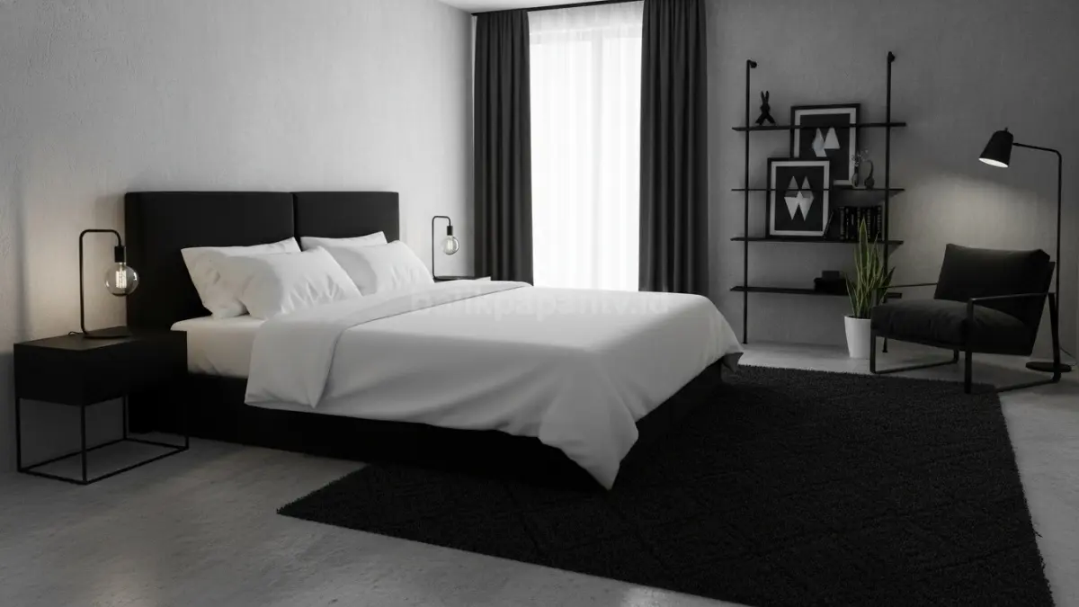 Kamar cowok aesthetic hitam putih dengan lampu warm white dan meja kerja minimalis modern
