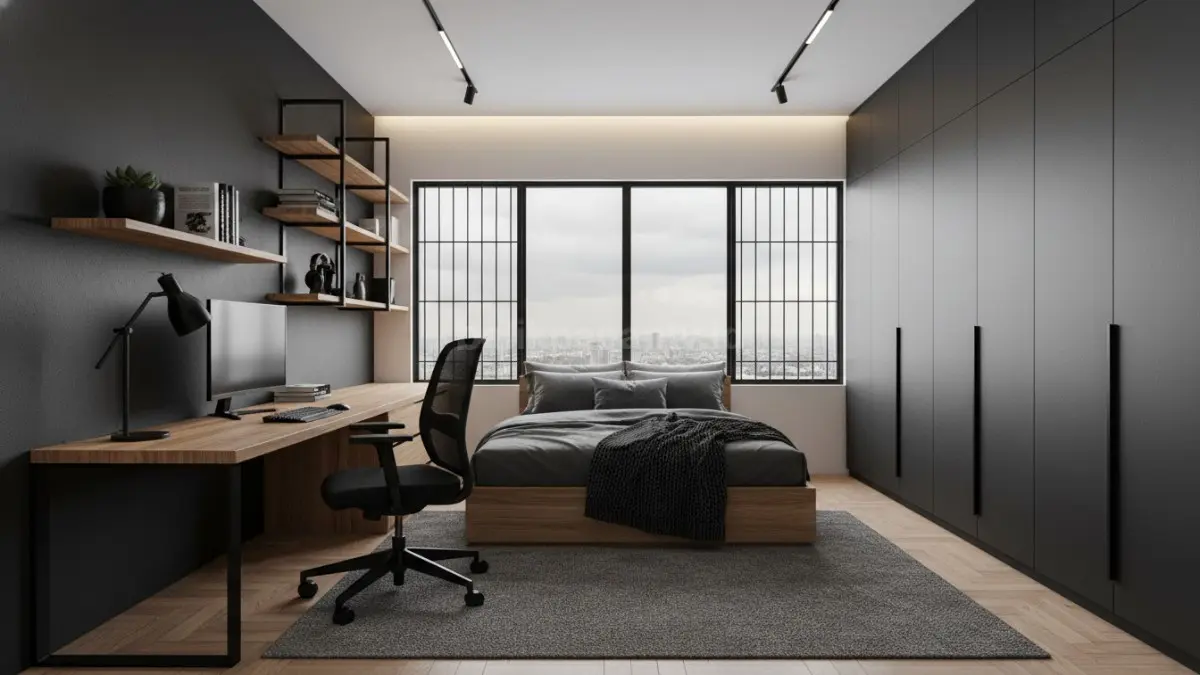 Kamar modern hitam matte berpadu kayu natural, menghadirkan suasana maskulin hangat, rapi, nyaman untuk pekerja hybrid.