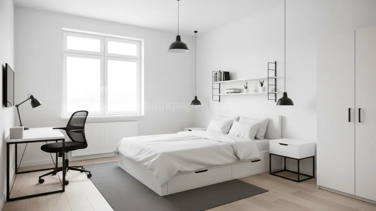 Kamar putih minimalis dengan aksen hitam tipis menciptakan suasana maskulin, lega, modern, dan nyaman sederhana.