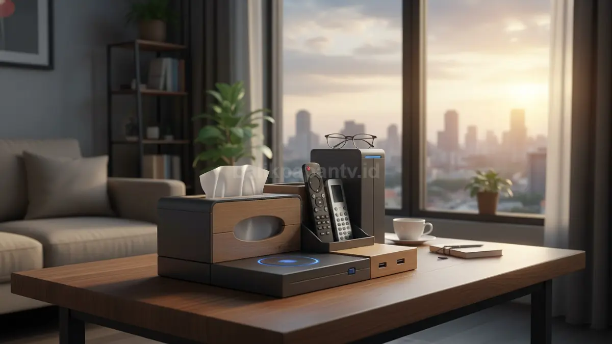 Tissue box modular dengan tempat remote dan charger

Ini mulai ramai pada produk rumah pintar tahun 2026. Bentuknya bukan cuma tempat tisu, tapi juga punya slot remote televisi, charger, hingga tempat kacamata.

Praktis untuk penghuni apartemen kecil. Satu benda bisa merangkum beberapa fungsi sekaligus sehingga meja tetap lega. Cocok untuk gaya hidup urban yang serba cepat dan ruang terbatas. (BTV/AI)