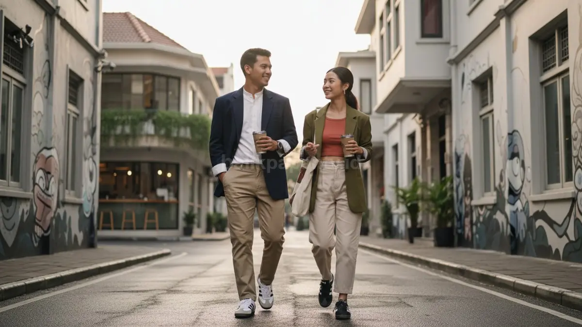 Adidas Samba dan blazer oversized tampil semi formal, santai, bersih, cocok aktivitas kreatif harian modern.  (BTV/AI) 
