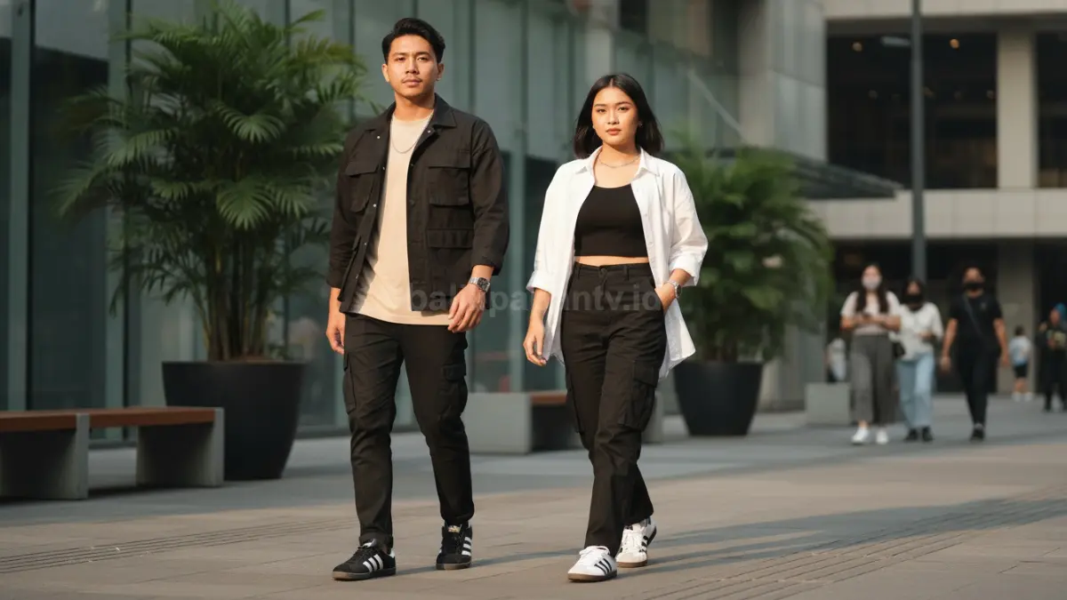 Adidas Samba dan cargo hitam tampil aktif, ringan, rapi, cocok streetwear harian modern pria maupun perempuan.  (BTV/AI) 
