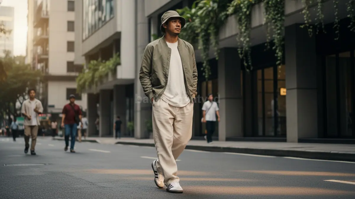 Adidas Samba dan celana linen oversized tampil ringan, santai, cocok street style modern 2026 harian. (BTV/AI) 
