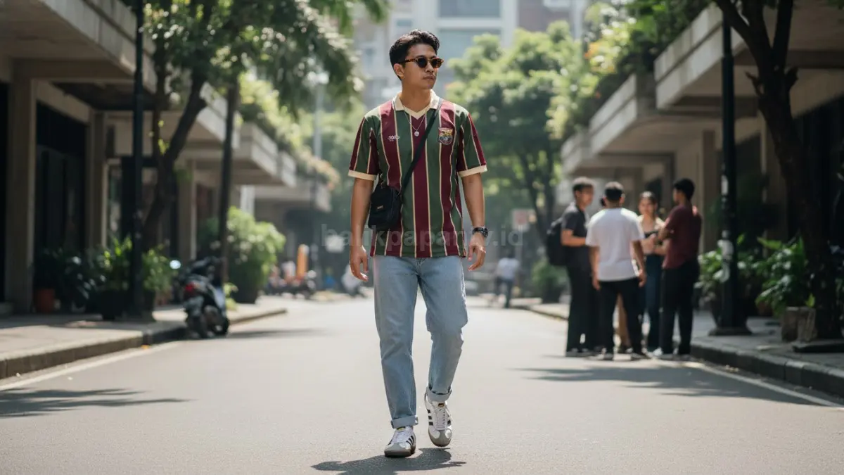Adidas Samba dan jersey vintage tampil retro sporty, ringan, santai, cocok streetwear harian modern 2026.  (BTV/AI) 
