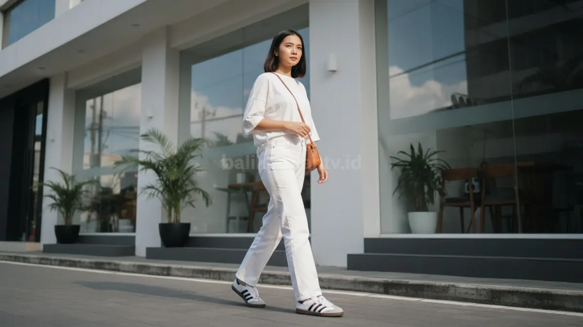 Adidas Samba dan wide leg jeans putih bikin outfit santai terlihat bersih, ringan, dan modern harian. (BTV/AI) 
