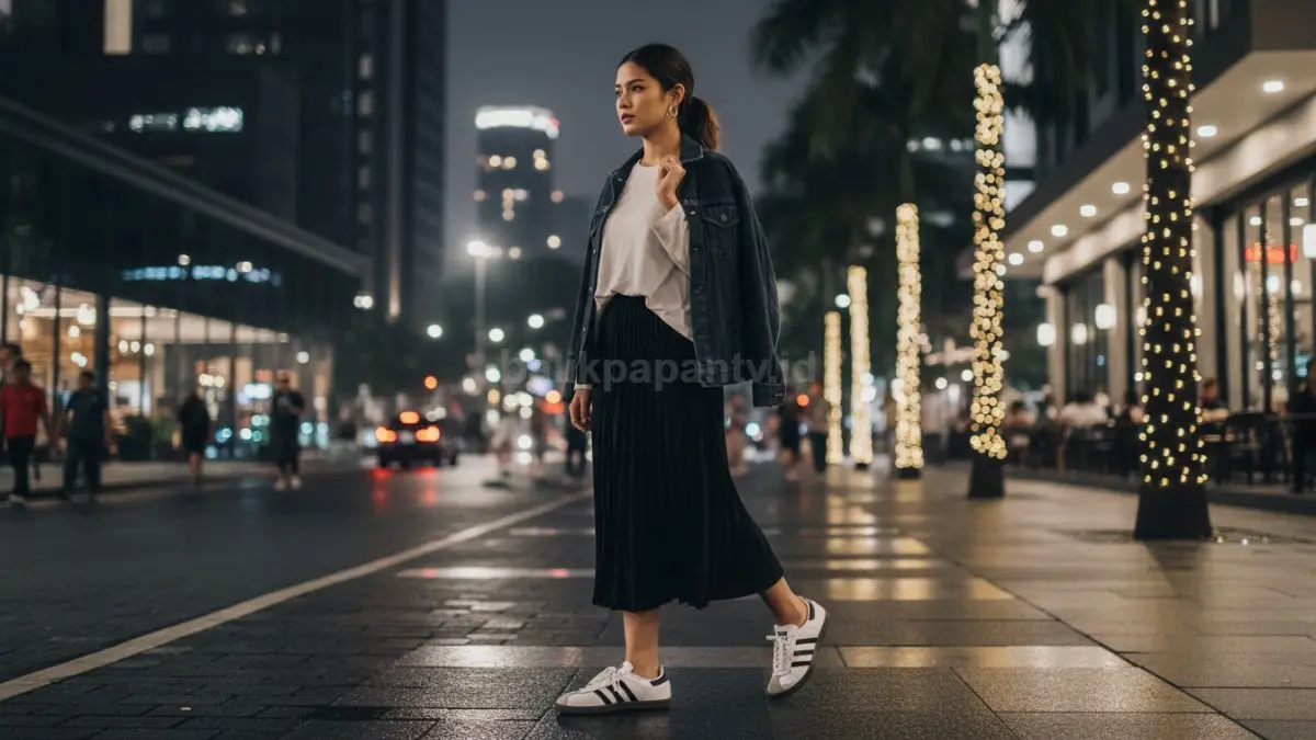 Adidas Samba dipadukan rok midi monokrom tampil minimalis, santai, modern, cocok nongkrong malam semi casual.  (BTV/AI) 
