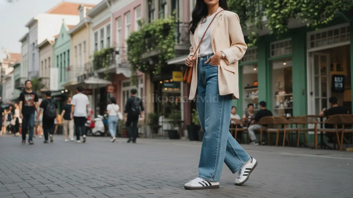 Adidas Samba putih dipadukan wide leg jeans dan blazer oversized tampil modern santai harian. (BTV/AI) 
