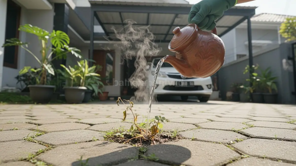 Air panas membantu mematikan gulma muda di sela paving tanpa meninggalkan residu bahan kimia berbahaya. (BTV/AI)
