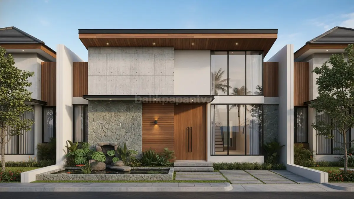 Area ruang keluarga minimalis dengan dinding beton ekspos dan elemen kayu natural modern.. (BTV/Ai)
