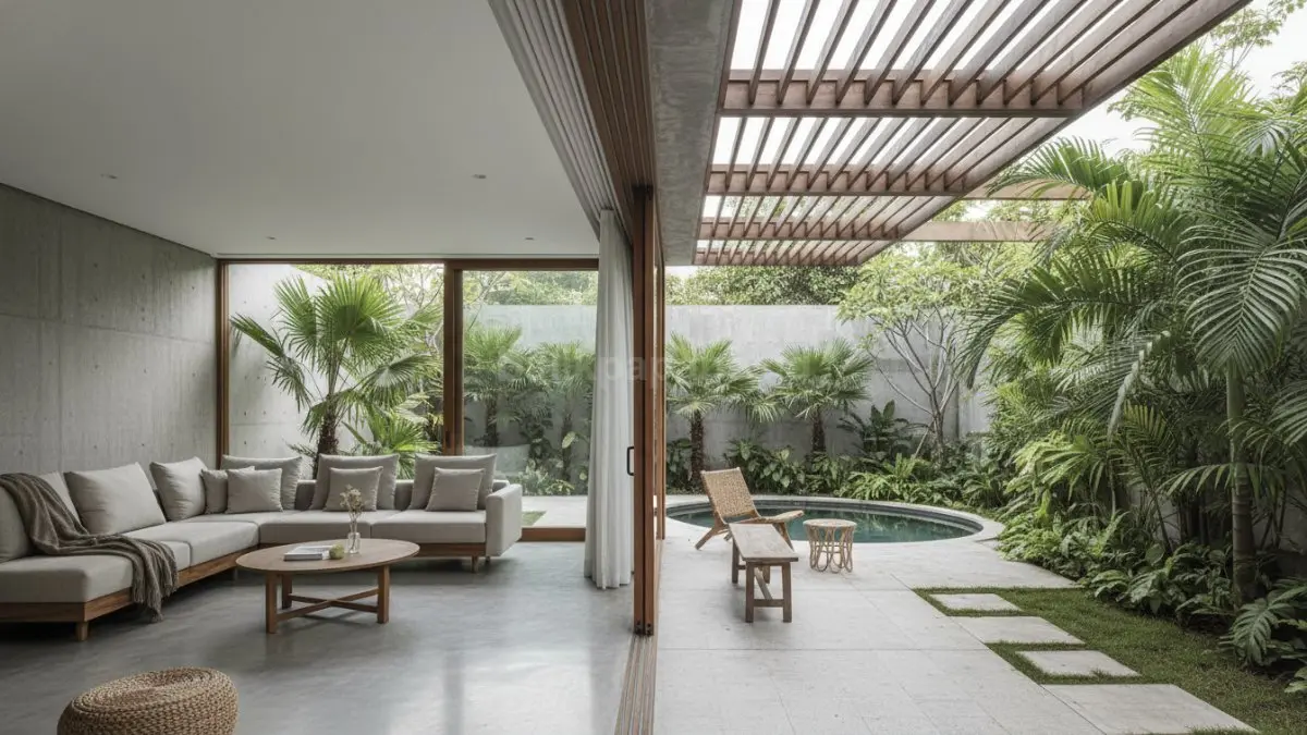Area semi outdoor rumah modern dengan taman kecil dan ventilasi alami untuk suasana lebih sejuk. (BTV/Ai)