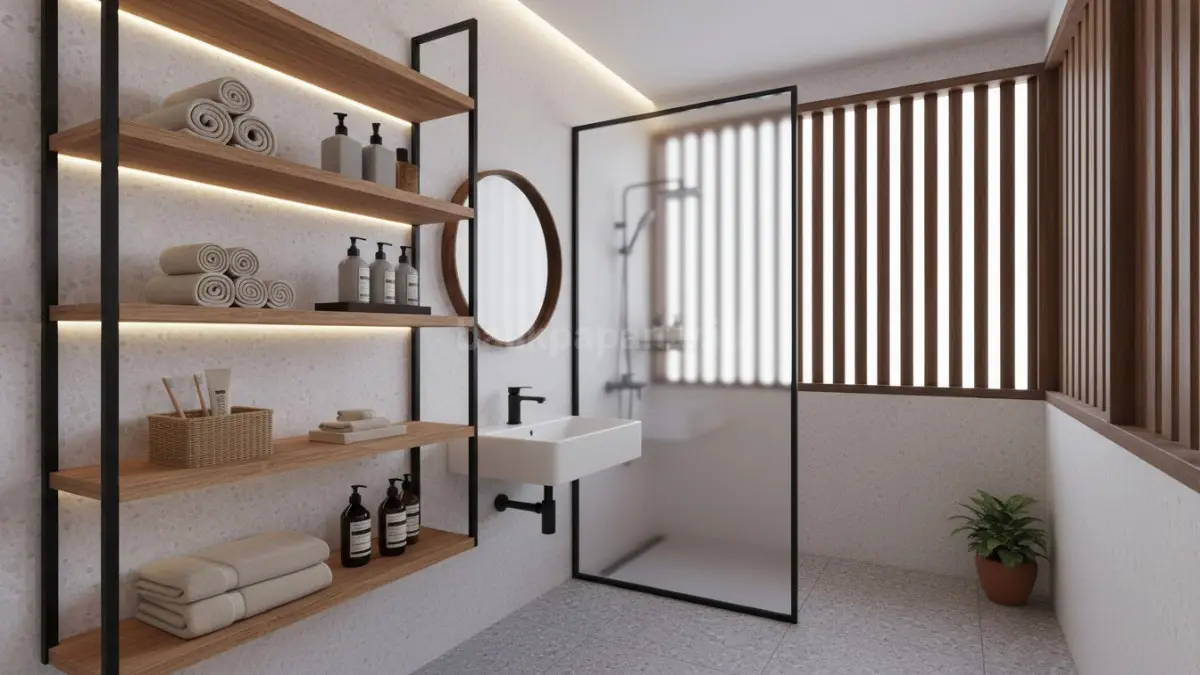 Area shower kamar mandi kecil dengan keramik matte dan cermin besar