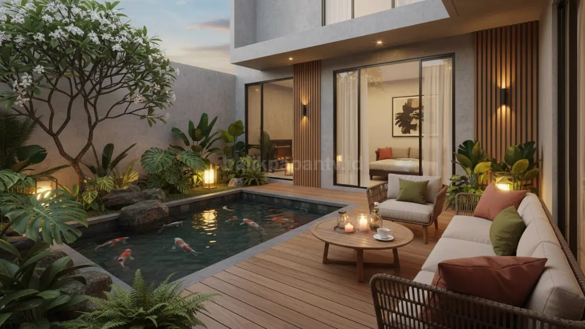Area taman rumah dengan kolam ikan kecil dan pencahayaan hangat untuk suasana santai keluarga
