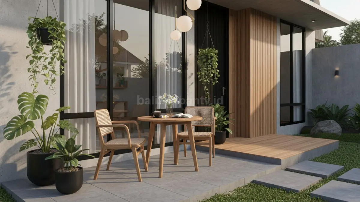 Area teras kecil ala cafe outdoor modern dengan tanaman hijau dan meja compact
