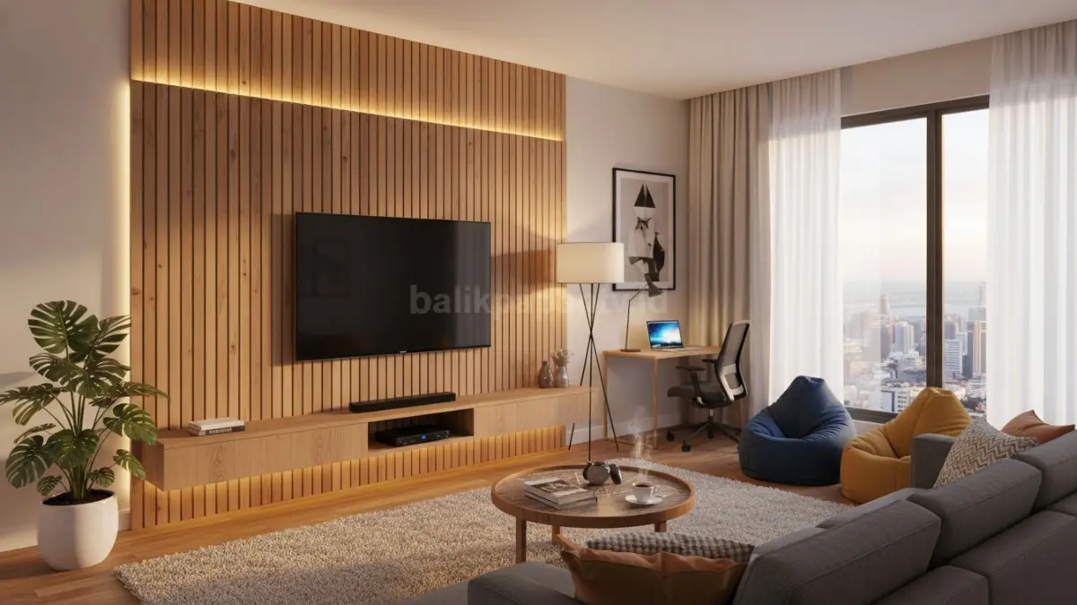Backdrop TV minimalis modern dengan panel kayu dan hidden LED pada ruang tamu hangat bergaya 2026 (BTV/Ai)