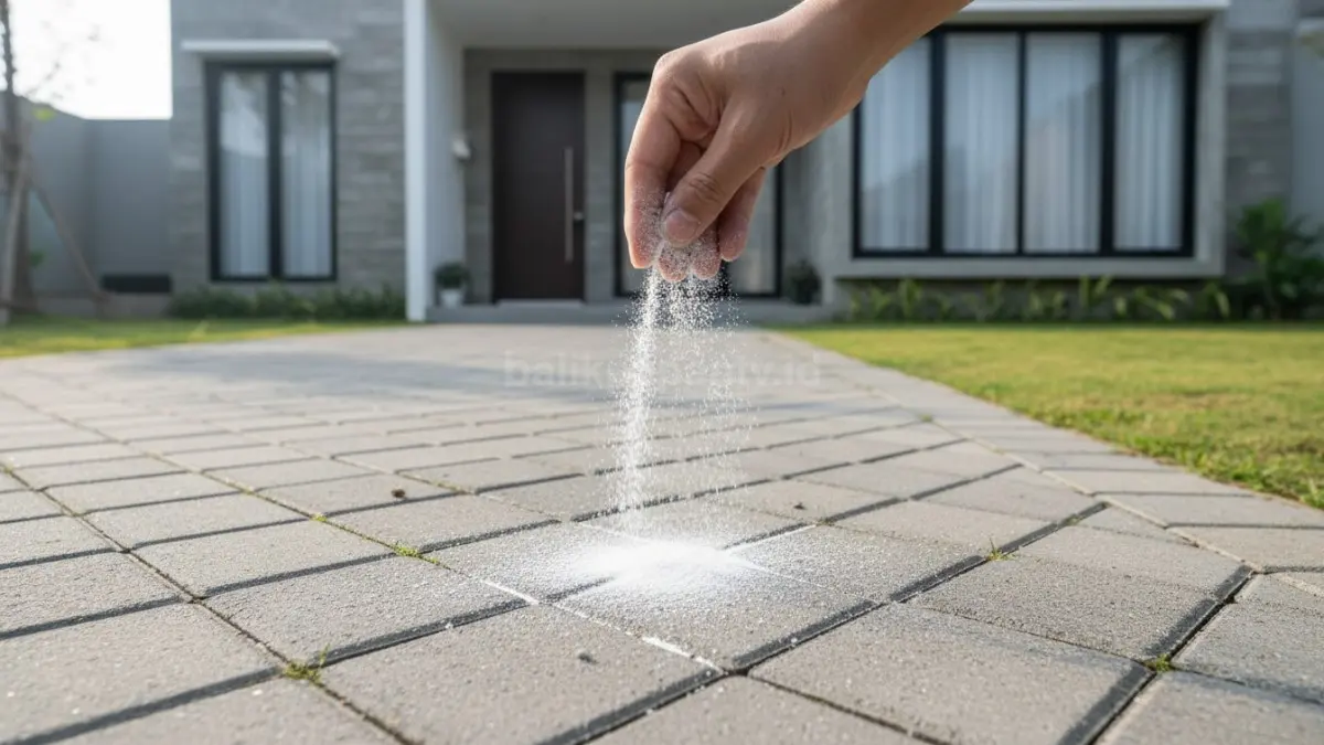 Baking soda membantu menghambat gulma sela paving secara praktis tanpa merusak tampilan area rumah modern. (BTV/AI)