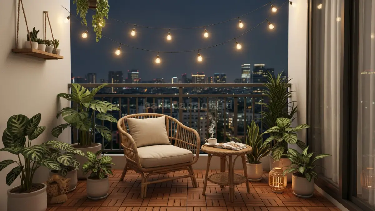 Balkon mini estetik dengan kursi rotan, tanaman hias, dan lampu warm white untuk healing di rumah (BTV/Ai)