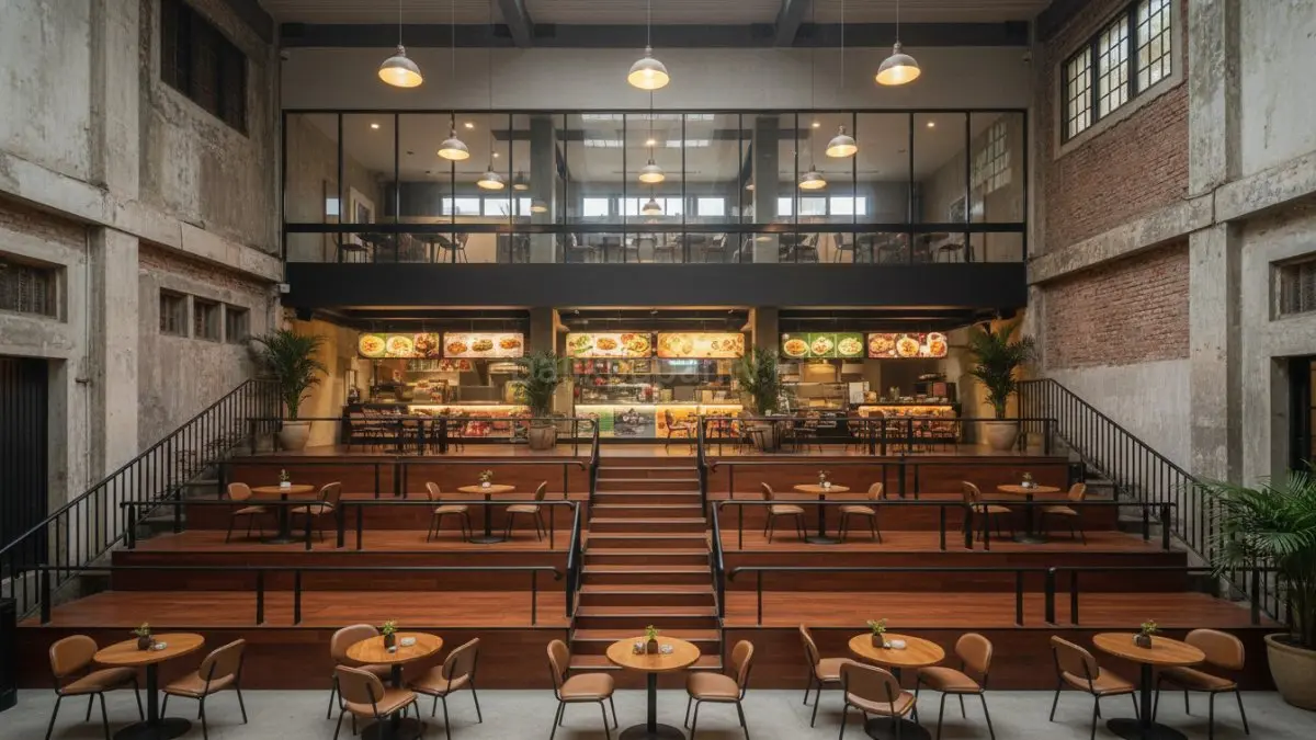 Bioskop lama kini diubah menjadi pusat kuliner modern dengan area duduk bertingkat yang lebih atraktif.(BTV/AI) 