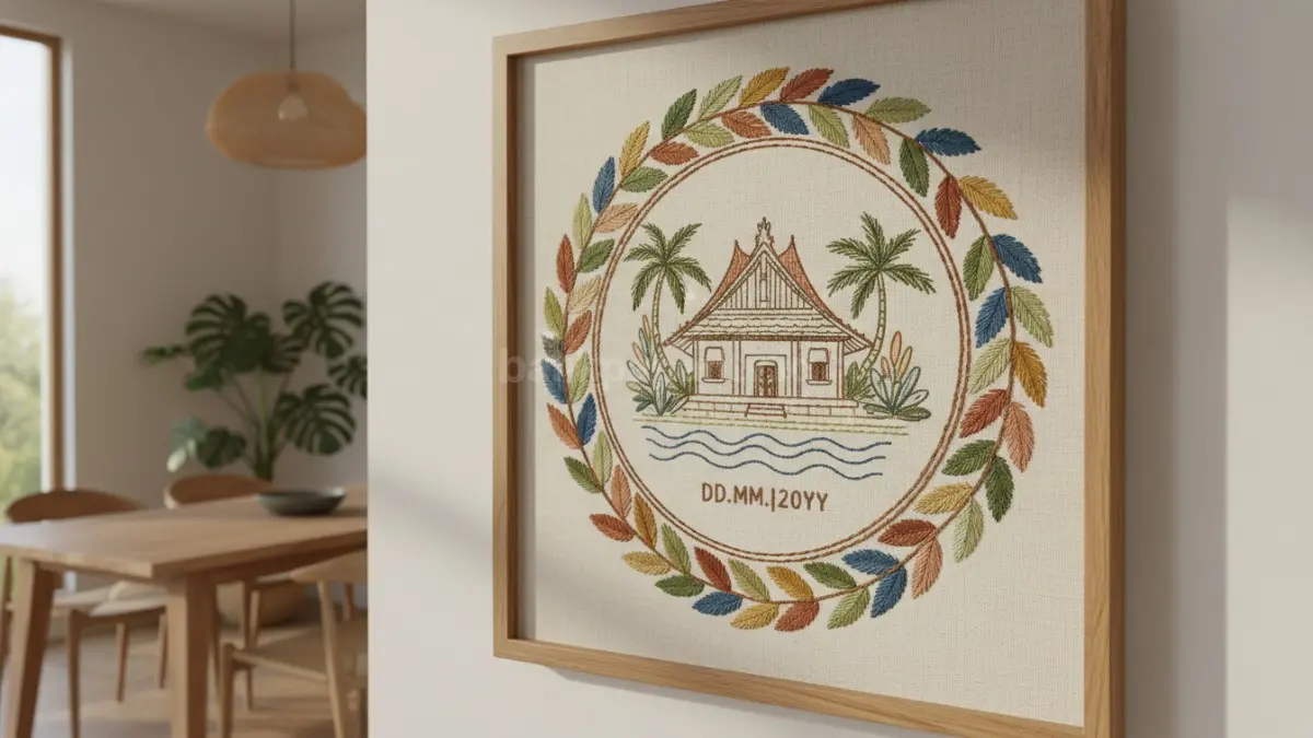 Bordir nama keluarga menghadirkan ruang makan hangat, intim, personal, dan aesthetic bernuansa modern minimalis. (BTV/AI)
