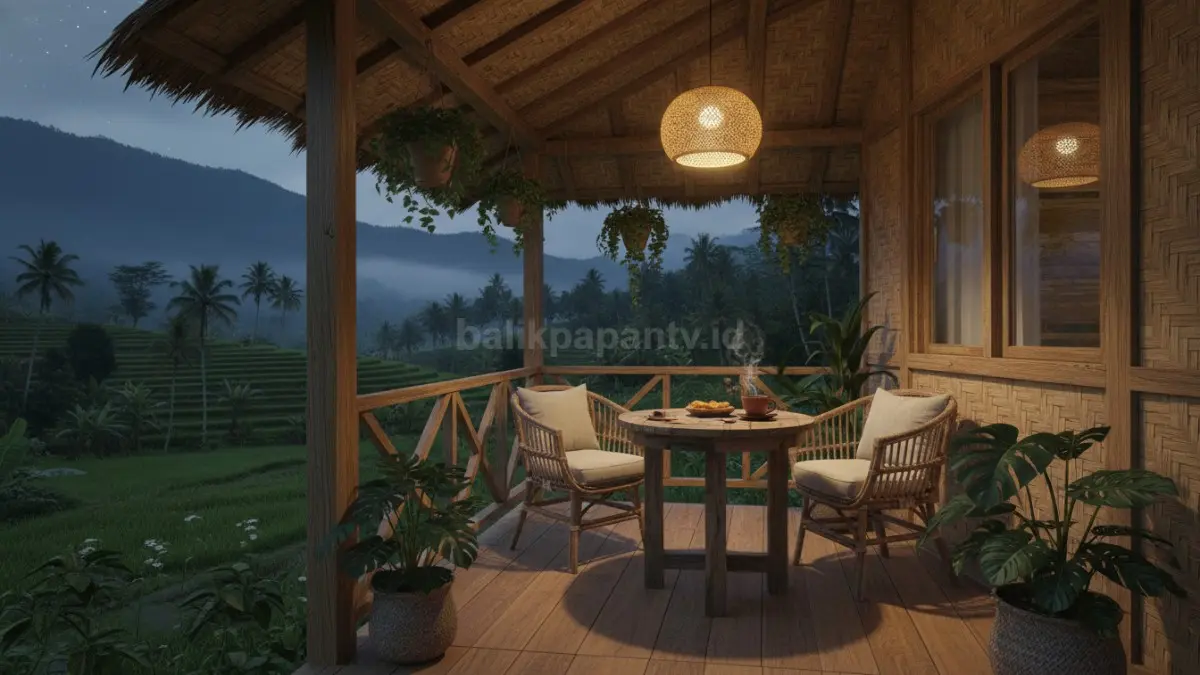 Cahaya warm white membuat sudut ngopi teras mungil terasa hangat, estetik, nyaman seperti villa pegunungan malam.