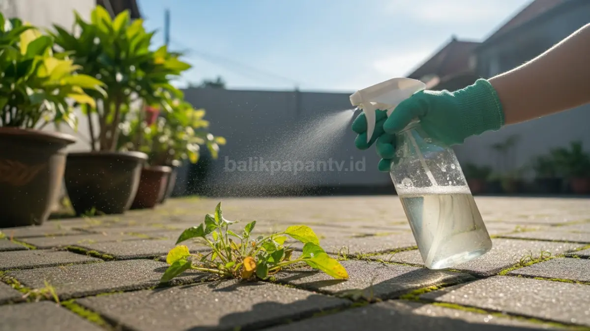 Campuran cuka dan sabun cair membantu gulma cepat layu tanpa merusak permukaan paving rumah. (BTV/AI)