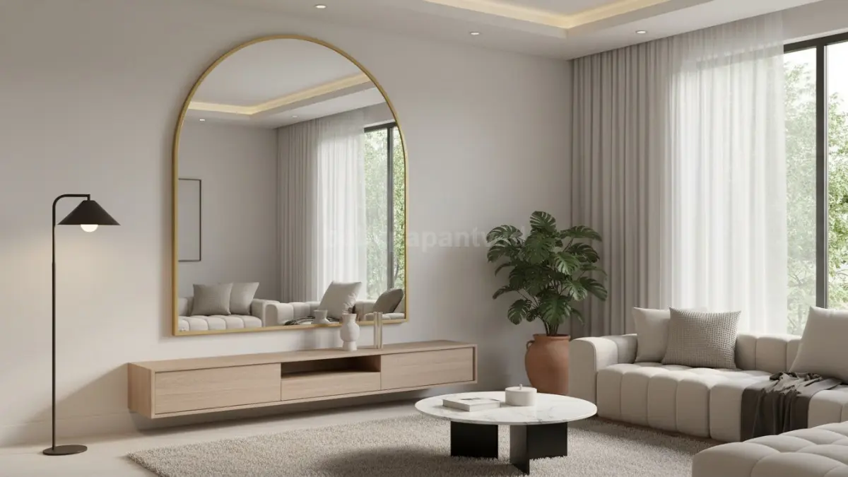 Cermin besar aesthetic model lengkung di ruang tamu minimalis modern dengan pencahayaan hangat elegan. (BTV/Ai)