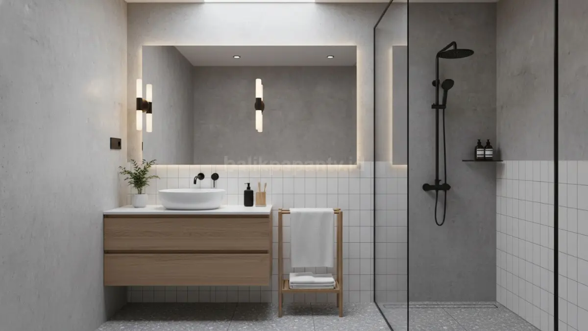 Cermin frameless besar membuat kamar mandi kecil terasa luas, bersih, modern, dan nyaman digunakan setiap malam.