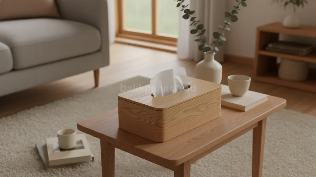Cover kayu oak natural menghadirkan ruang tamu hangat, aesthetic, minimalis, adem, elegan, dan tahan lama modern. (BTV/AI)
