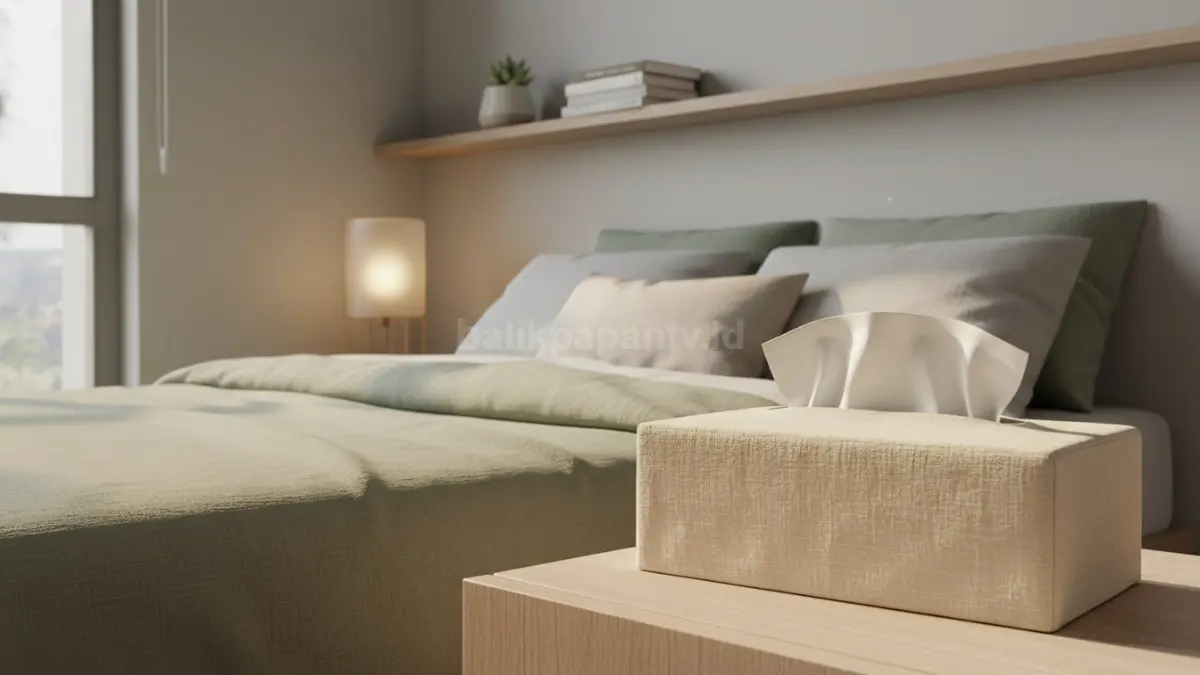 Cover tissue linen netral menghadirkan kamar tidur hangat, tenang, aesthetic, rapi, dan nyaman minimalis modern. (BTV/AI)

