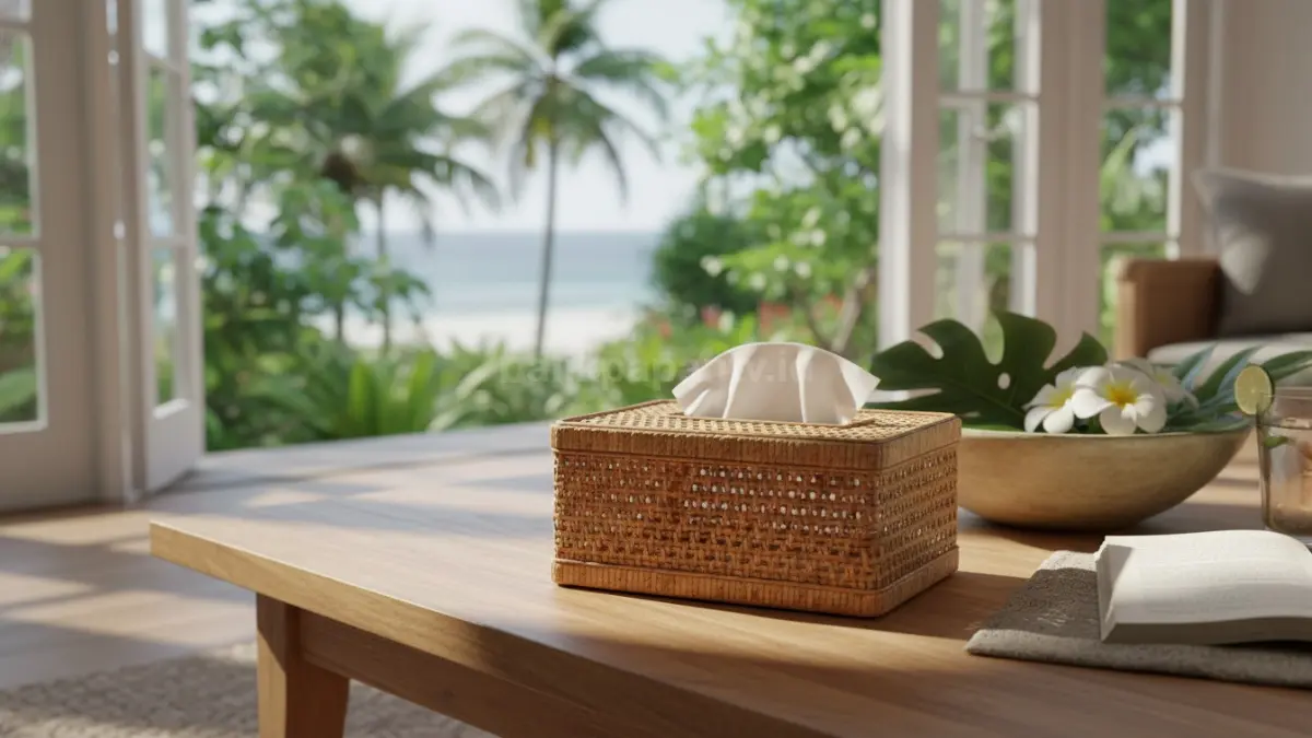 Cover tissue rotan modern menghadirkan nuansa tropis hangat, natural, santai, dan aesthetic pada ruang minimalis. (BTV/AI)
