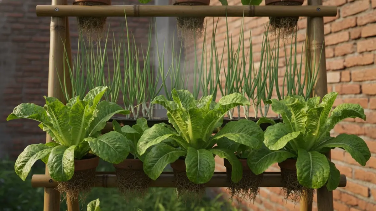 Daun bawang membantu melindungi selada dari hama sekaligus membuat ruang tanam lebih efisien. (BTV/AI)