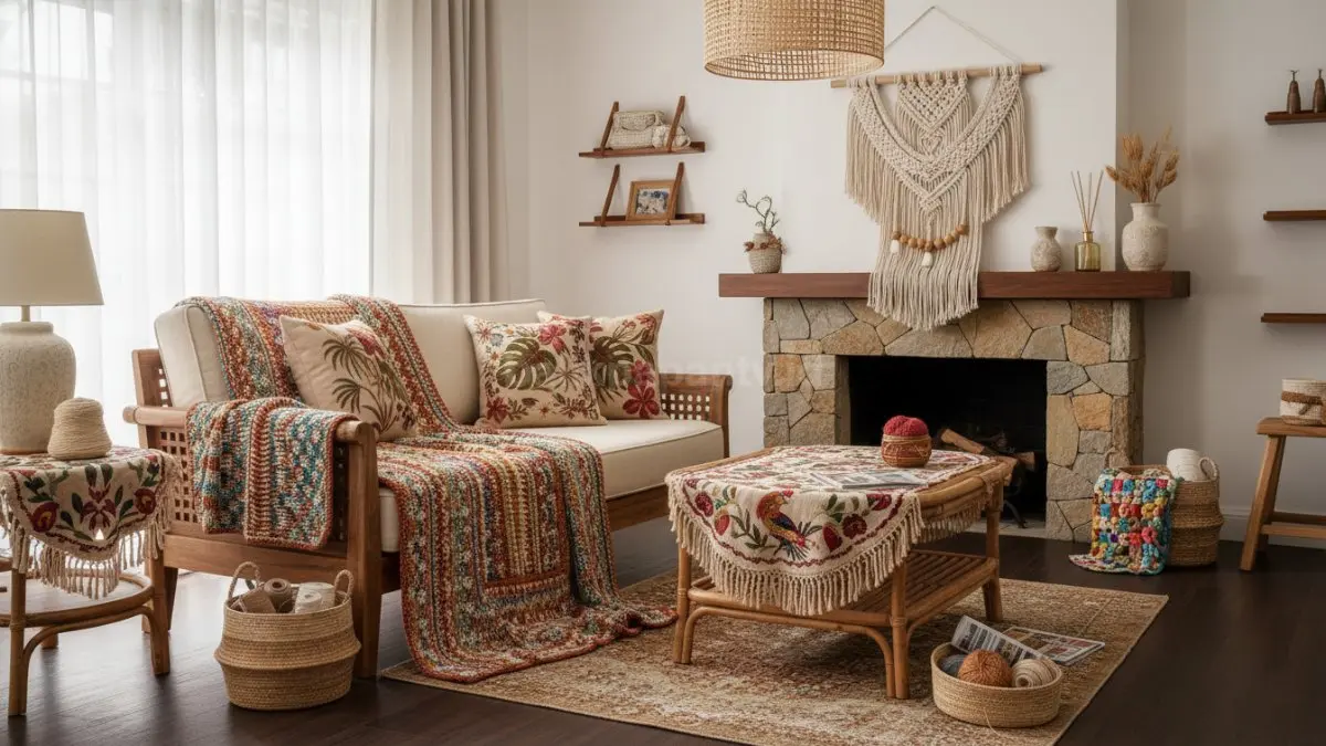 Dekorasi rajut dan bordir handmade modern menghadirkan ruang tamu hangat, personal, aesthetic, dan nyaman minimalis. (BTV/AI)
