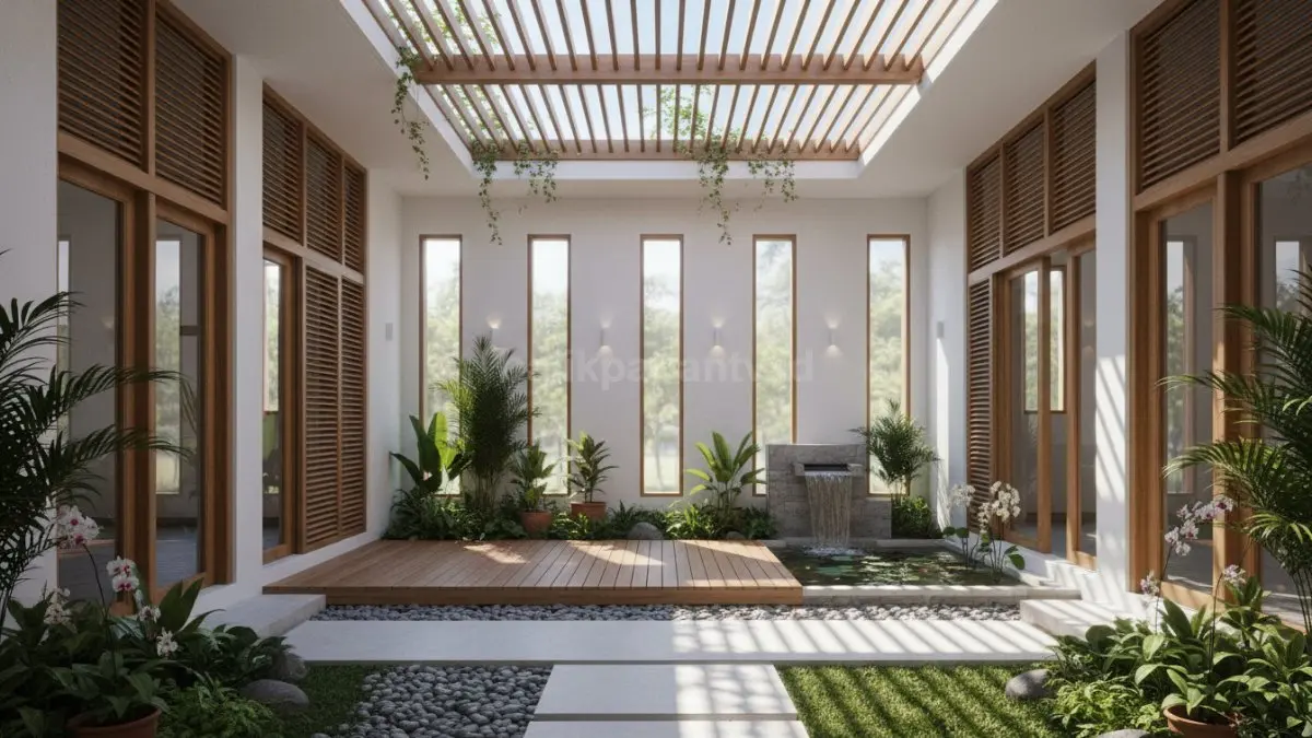 Desain inner courtyard modern menghadirkan taman kecil dan ventilasi silang alami untuk suasana rumah lebih sejuk. (BTV/AI)
