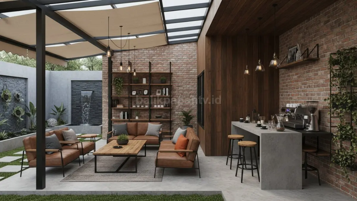 Desain teras rumah semi outdoor bergaya industrial untuk ruang ngopi keluarga
