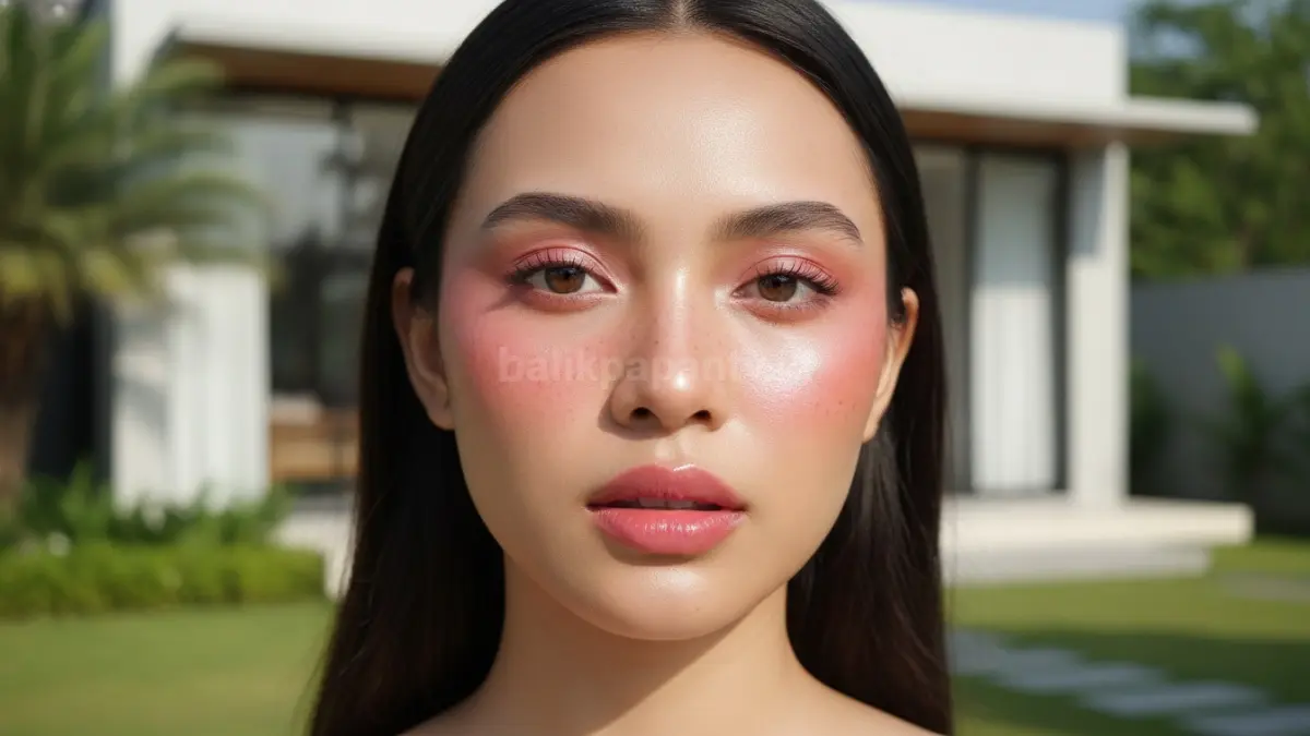Detail strawberry makeup glowing dengan lip tint merah muda dan kulit sehat alami
