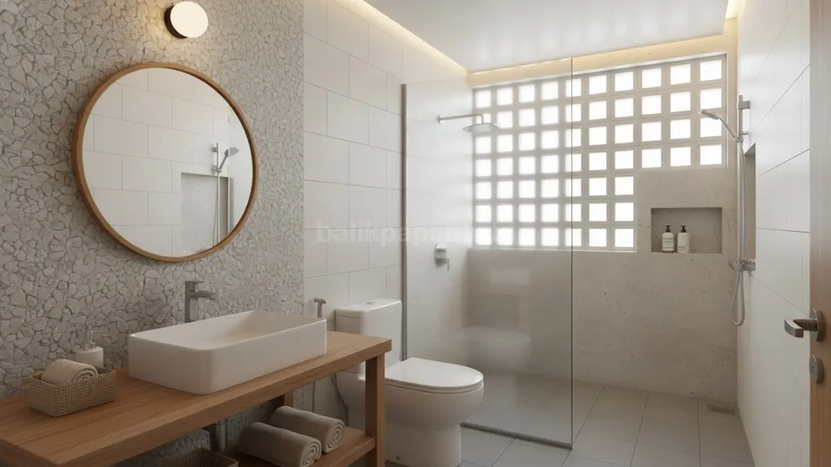 Dominasi warna terang dan tekstur alami bikin kamar mandi terasa luas, bersih, hangat, sekaligus modern minimalis.